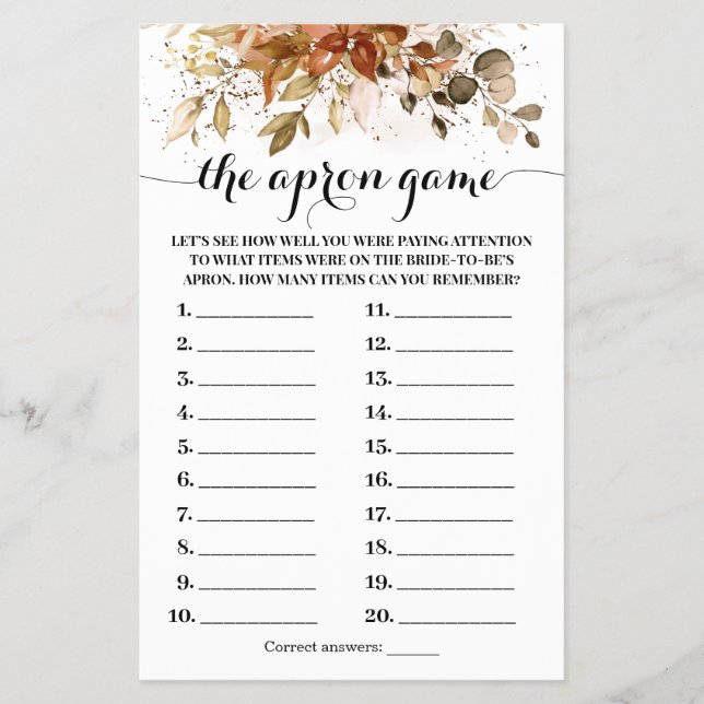 The Apron Autumn Fall Bridal Shower Game Card Flyer (Front)