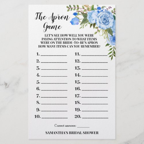 The Apron Bridal Shower Blue Flowers Game Card Flyer