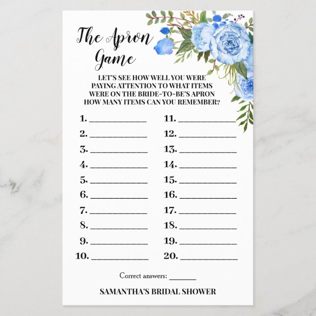 The Apron Bridal Shower Blue Flowers Game Card Flyer (Front)