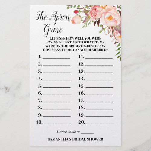 The Apron Bridal Shower Pink Flowers Game Card Flyer