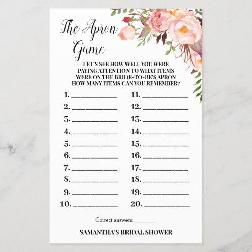 The Apron Bridal Shower Pink Flowers Game Card Flyer