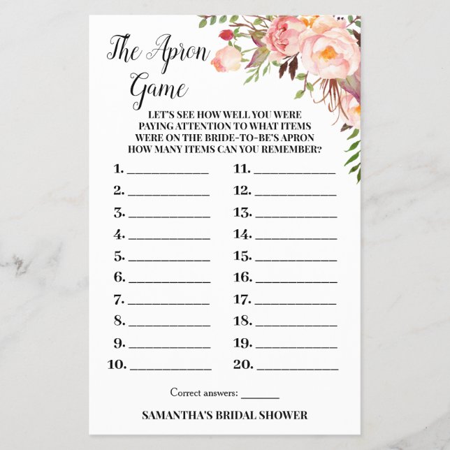 The Apron Bridal Shower Pink Flowers Game Card Flyer (Front)