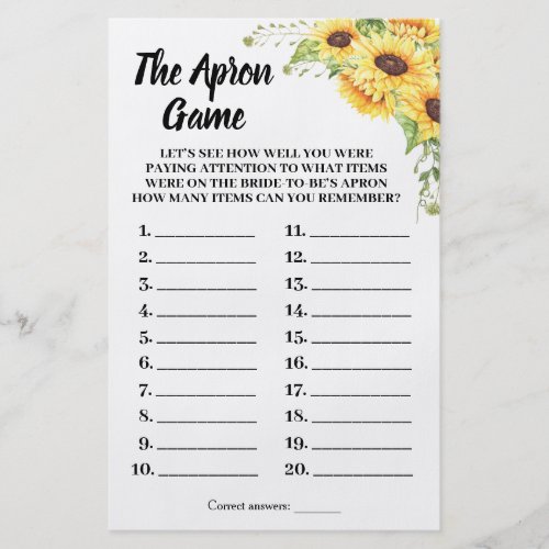 The Apron Bridal Shower Sunflowers Game Card Flyer