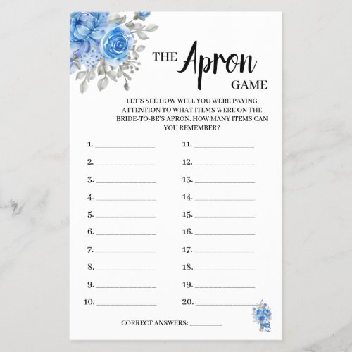 The Apron Game BlueFlowers Bridal Shower Game Card Flyer