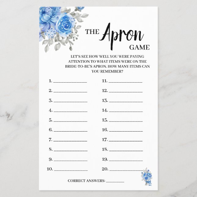 The Apron Game BlueFlowers Bridal Shower Game Card Flyer (Front)