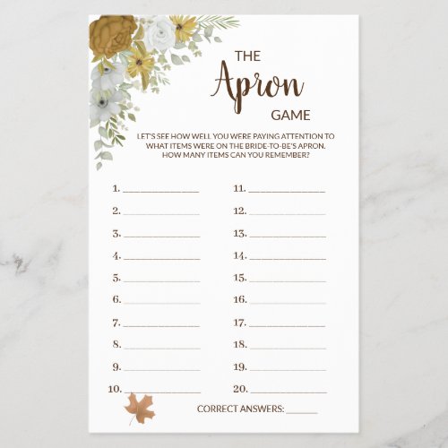 The Apron Game Boho Autumn Bridal Shower Game Card Flyer