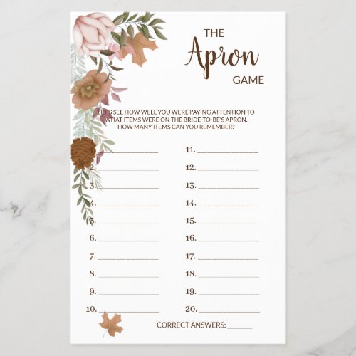 The Apron Game Boho Autumn Bridal Shower Game Card Flyer