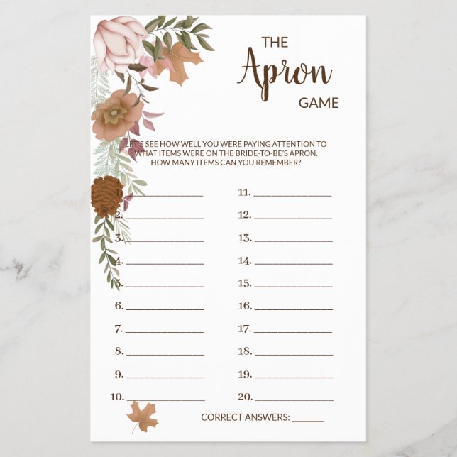 The Apron Game Boho Autumn Bridal Shower Game Card Flyer (Front)