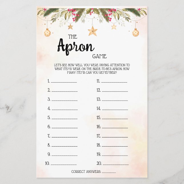 The Apron Game Christmas Bridal Shower Game Card F Flyer (Front)