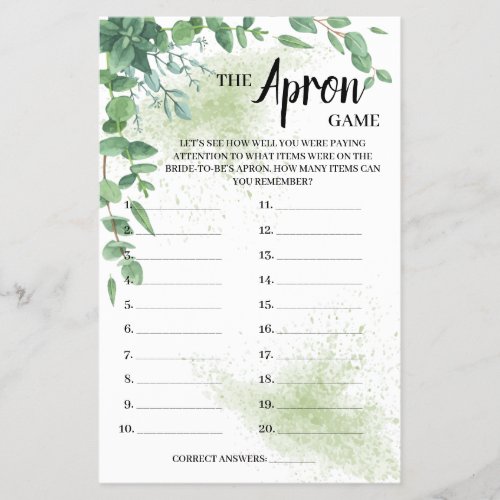 The Apron Game Eucalyptus Bridal Shower Game Card Flyer