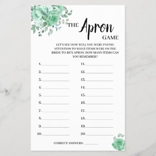 The Apron Game Green Roses Bridal Shower Game Card Flyer