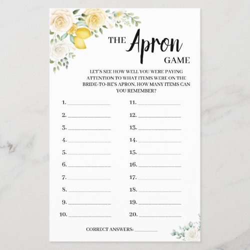 The Apron Game LemonRoses Bridal Shower Game Card Flyer