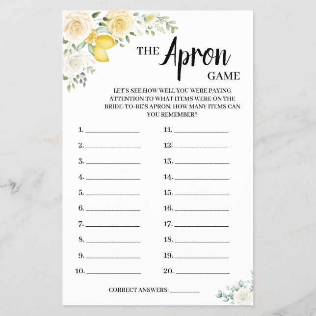 The Apron Game Lemon&Roses Bridal Shower Game Card Flyer (Front)