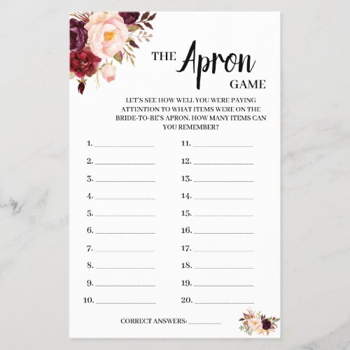 The Apron Game Marsala Bridal Shower Game Card Flyer