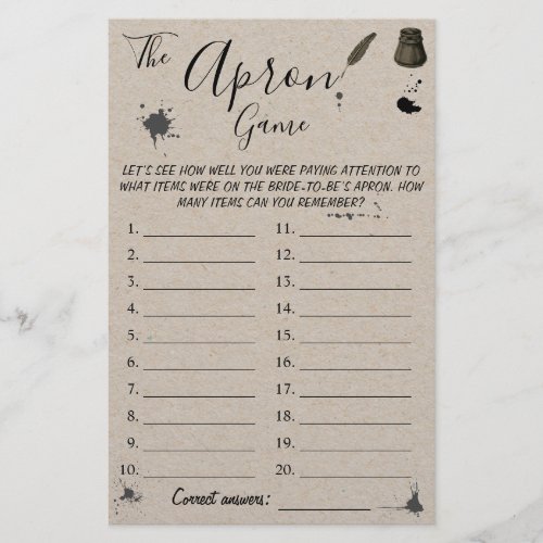 The Apron Game  Pen  Inkwell Shower Game Card Flyer