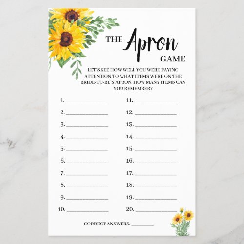 The Apron Game Sunflowers Bridal Shower Game Card Flyer