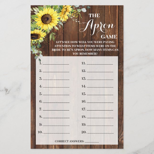 The Apron Game Sunflowers Bridal Shower Game Card Flyer (Front)