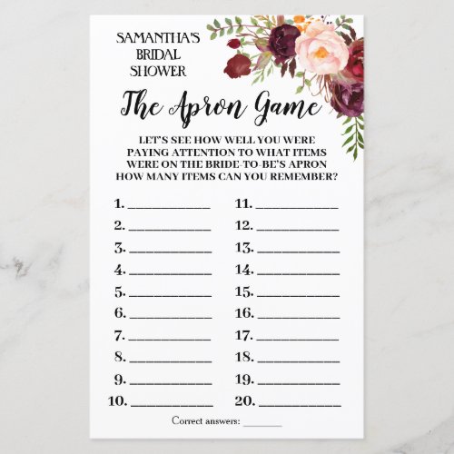 The Apron Marsala Flowers Bridal Shower Game