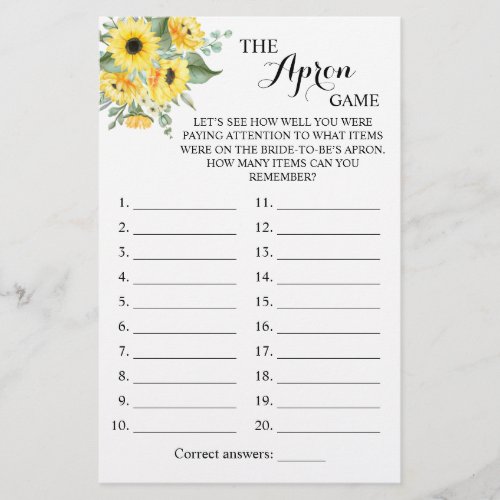 The Apron Shower Greenery Sunflower Game Card Flyer