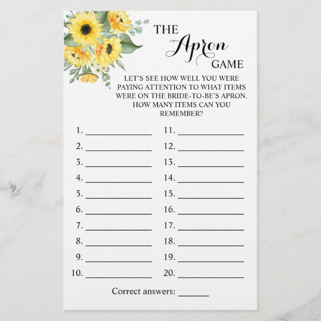 The Apron Shower Greenery Sunflower Game Card Flyer (Front)