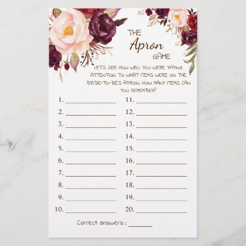 The Apron Shower Marsala Flowers Game Card Flyer