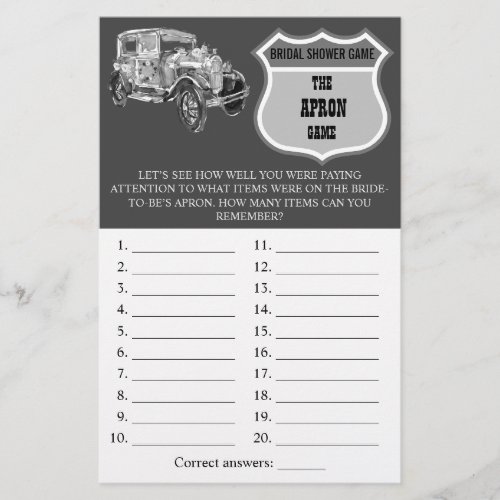 The Apron Shower Wedding Car Bridal Game Card Flyer