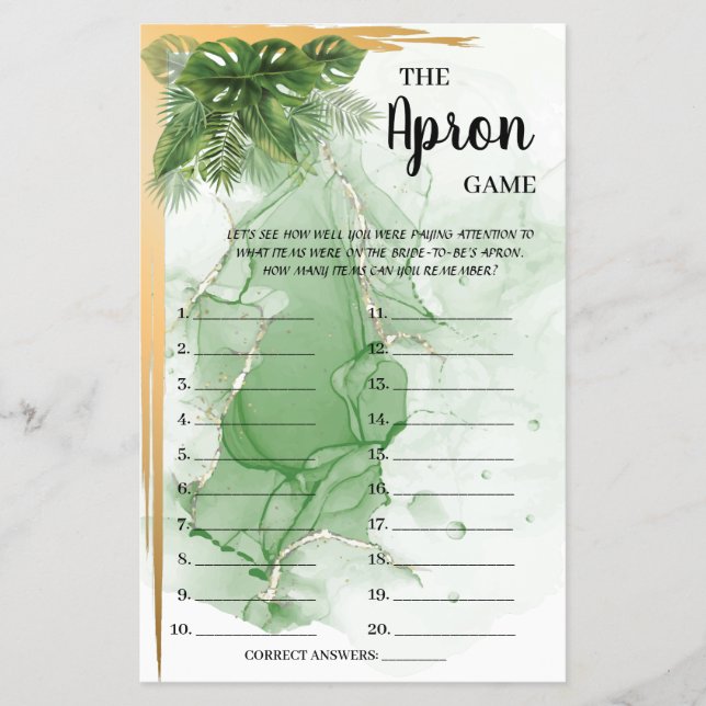 The Apron Tropical Palm Bridal Shower Game Card Flyer (Front)