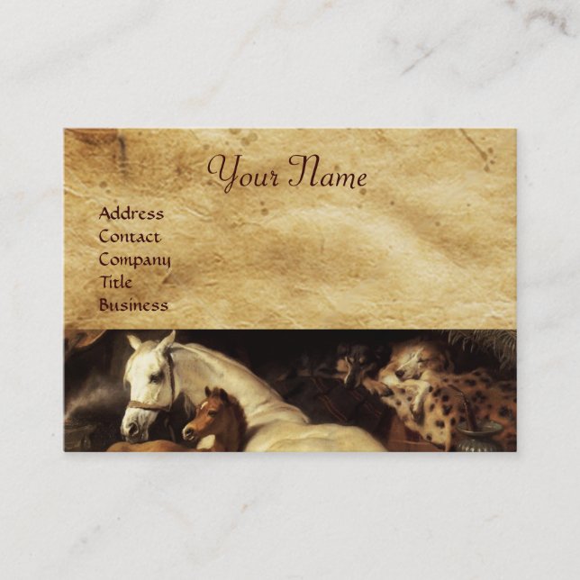 THE ARAB TENT WITH HORSES ,OTHER ANIMALS Parchment Business Card (Front)