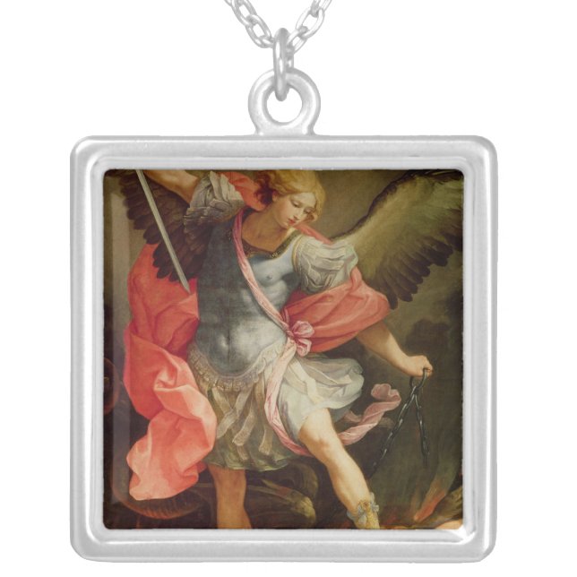 The Archangel Michael defeating Satan Silver Plated Necklace (Front)