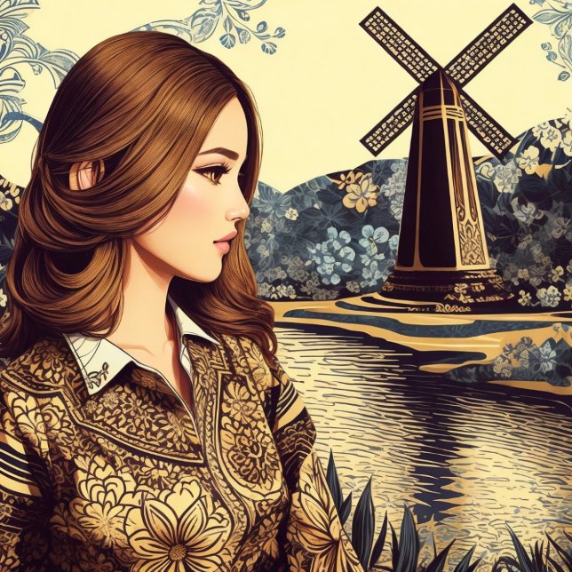The Art of Balinese Batik Colorful Tapestry -  T-Shirt (Retro Bali Batik Girl Exploring The Dutch Windmill)