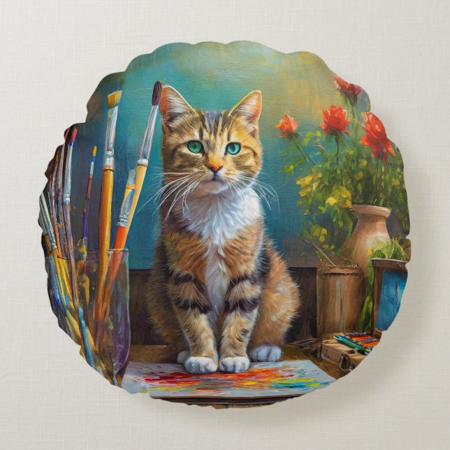 The Artistic Cat Round Pillow (Front)