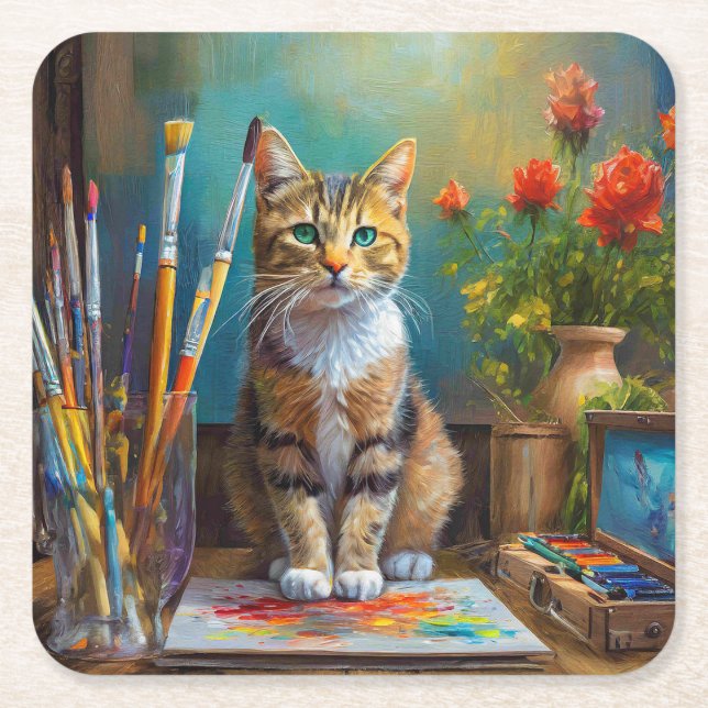 The Artistic Cat Square Paper Coaster (Front)