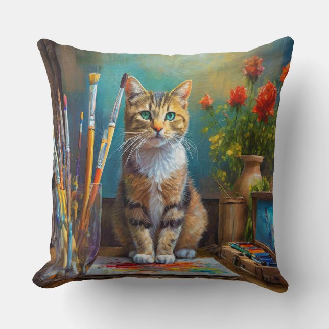 The Artistic Cat Throw Pillow (Front)