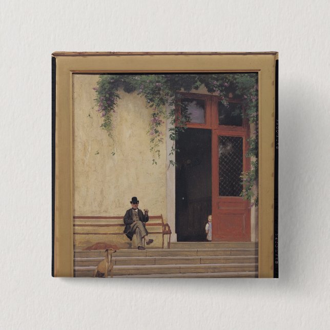 The Artist's Father and Son on the Doorstep Button (Front)