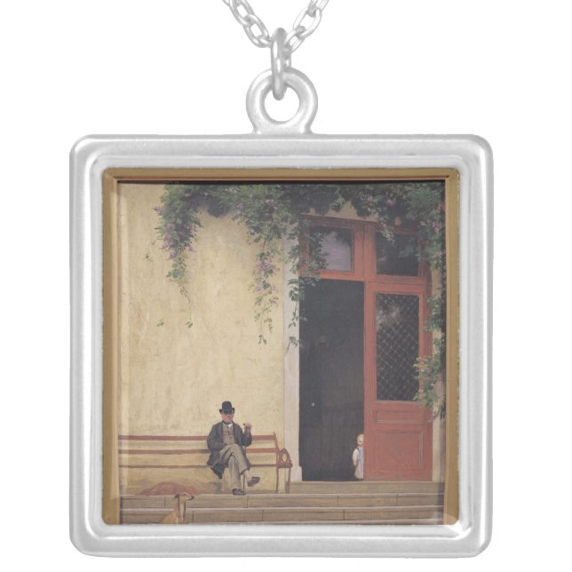 The Artist's Father and Son on the Doorstep Silver Plated Necklace (Front)