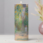 The Artist's Garden at Vétheuil by Claude Monet Pillar Candle<br><div class="desc">The Artist's Garden at Vétheuil is painting by Claude Monet featuring a small child stands facing us on a sun-dappled path that runs up the center of a garden dominated by towering yellow and burnt-orange sunflowers. Behind the child, a woman and another child stand on the steps. The woman wears...</div>
