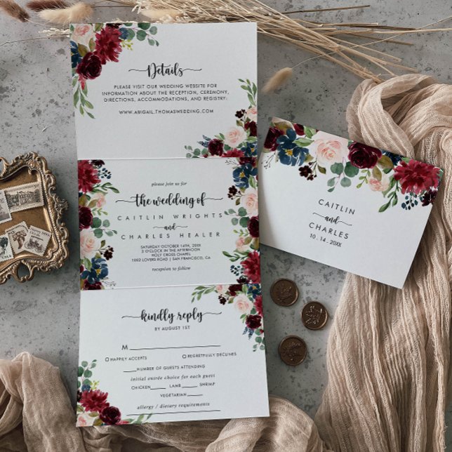 The Autumn Rustic Burgundy Calligraphy Wedding of Tri-Fold Invitation (Creator Uploaded)