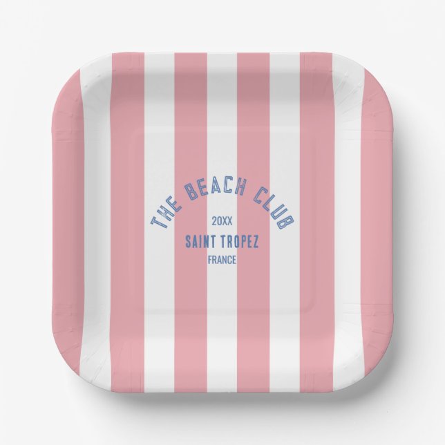 The Bach Club Blue Crest Pink Cabana Stripe Paper Plates (Front)