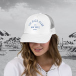 The Bach Club Blue Custom Crest Bachelorette Trucker Hat<br><div class="desc">The Bach Club hat is perfect for your beach club theme bachelorette party. Blue distressed custom bach club crest. Personalize with the details of your bachelorette... year, beach and destination. Perfect for a beach theme bachelorette party or a destination bachelorette. Matching accessories available in The Bach Club Cabana Stripe Collection....</div>