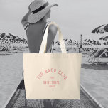 The Bach Club Pink Custom Crest Bachelorette Large Tote Bag<br><div class="desc">The Bach Club tote bags are perfect for your beach club theme bachelorette party. Pink distressed custom bach club crest. Personalize with the details of your bachelorette... year, beach and destination. Perfect for a beach theme bachelorette party or a destination bachelorette. Matching accessories available in The Bach Club Cabana Stripe...</div>