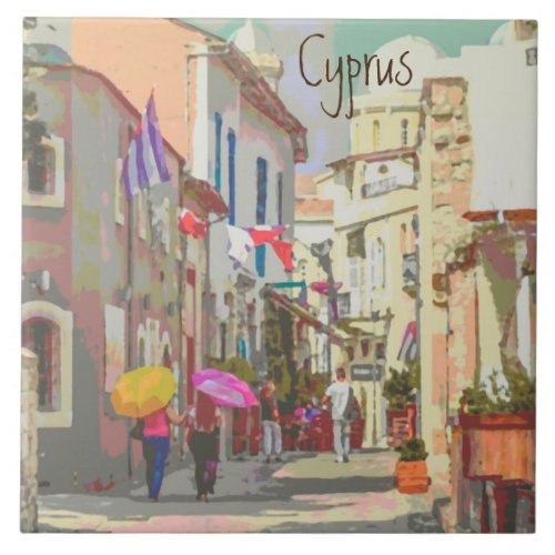 The Back Streets of Cyprus Travel Poster Style Art Ceramic Tile