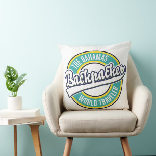 The Bahamas Backpacker World Traveler retro logo. Throw Pillow
