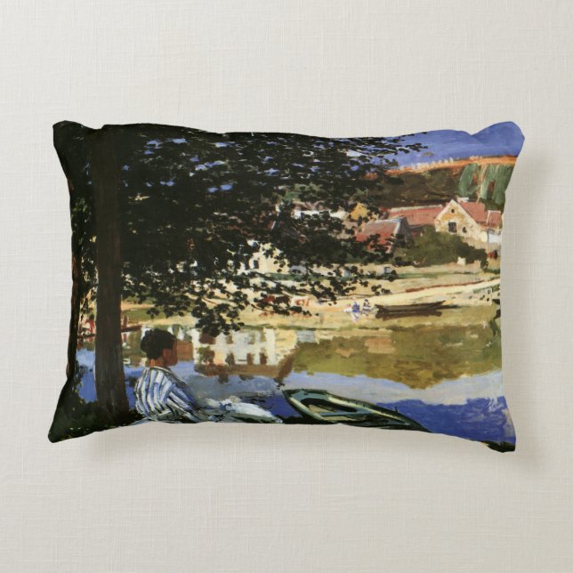 The Bank of the Seine, Bennecourt by Claude Monet Decorative Pillow (Back)