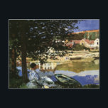 The Bank of the Seine, Bennecourt by Claude Monet Postcard<br><div class="desc">On the Bank of the Seine, Bennecourt (1869) by Claude Monet is a vintage impressionism fine art nature painting. A portrait of a woman sitting under a shade tree on the banks of the Seine River. She is sitting near boats and rowboats with buildings on the other side of the...</div>