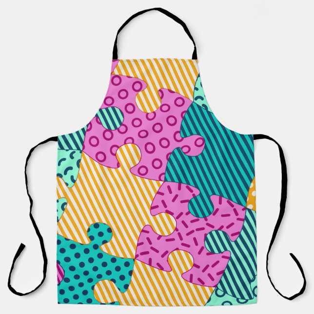 The banner with geometric puzzles, Memphis backgro Apron (Front)