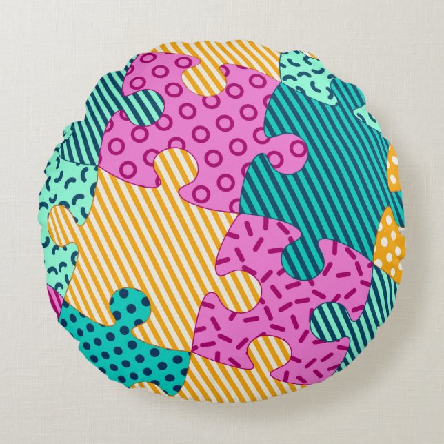 The banner with geometric puzzles, Memphis backgro Round Pillow (Front)