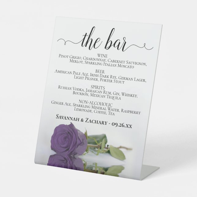 The Bar - Amethyst Purple Rose Drinks Menu Wedding Pedestal Sign (Front)