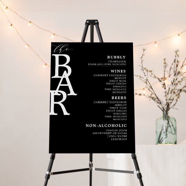 The Bar Black White Classic Wedding Bar Menu Sign (In Situ (Stand))