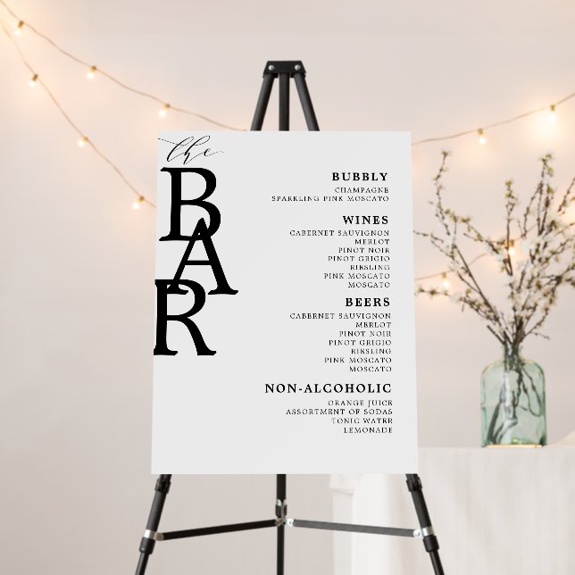 The Bar Black White Classic Wedding Bar Menu Sign (In Situ (Stand))