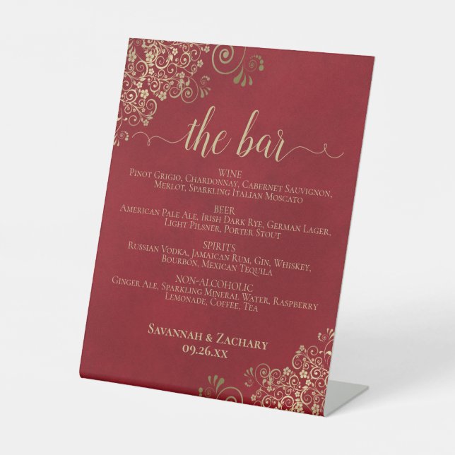 The Bar - Crimson Red & Gold Drinks Menu Wedding Pedestal Sign (Front)